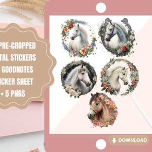 Digital Planner Horse Stickers, Floral Horse Stickers Set, Pre-cropped Digital Planner Stickers, Goodnotes Stickers, Digital journal