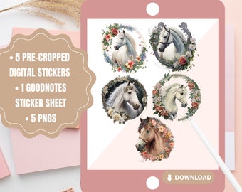 Digital Planner Horse Stickers, Floral Horse Stickers Set, Pre-cropped Digital Planner Stickers, Goodnotes Stickers, Digital journal
