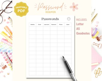 Password Tracker Printable & Goodnotes, Password Keeper, Password Organizer, Password Log, A5/Letter/Goodnotes, Instant PDF Download