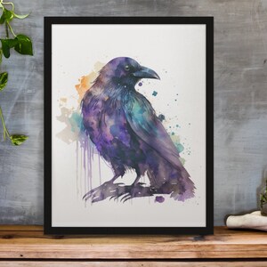 Watercolor Raven Printable Art, Digital Download Art, Raven Wall Art Decor, Nursery, Goth Raven, Wildlife Bird Art - 5 PDF Files