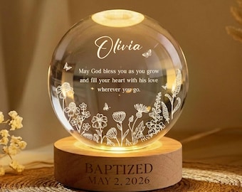 Personalized Baptism Crystal Ball Night Light, Christening Baptism Gift, Goddaughter Gift Custom Christening Keepsake, Nursery Decor