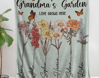 Personalized Grandmas Garden Blanket, Grandma Love Grows Here Throw Blanket, Birth Month Flowers With Family Names Gift, Mother&#39;s Day Gift