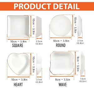 May include: A product detail chart displaying four white ceramic dishes in square, round, heart, and wave shapes. Each dish is shown with dimensions in centimetres, including a square dish at 10 cm, a round dish at 10 cm, a heart dish at 10 cm, and a wave dish at 9 cm.
