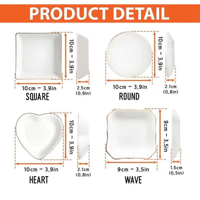 May include: A product detail chart displaying four white ceramic dishes in square, round, heart, and wave shapes. Each dish is shown with dimensions in centimetres, including a square dish at 10 cm, a round dish at 10 cm, a heart dish at 10 cm, and a wave dish at 9 cm.
