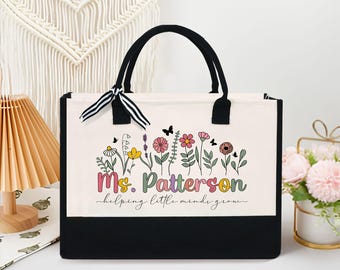Personalized Teacher Tote Bag, Custom Teacher Bag, Teacher Gifts, Thank You Teacher Present, Floral Bag, Back to School, Appreciation Gift