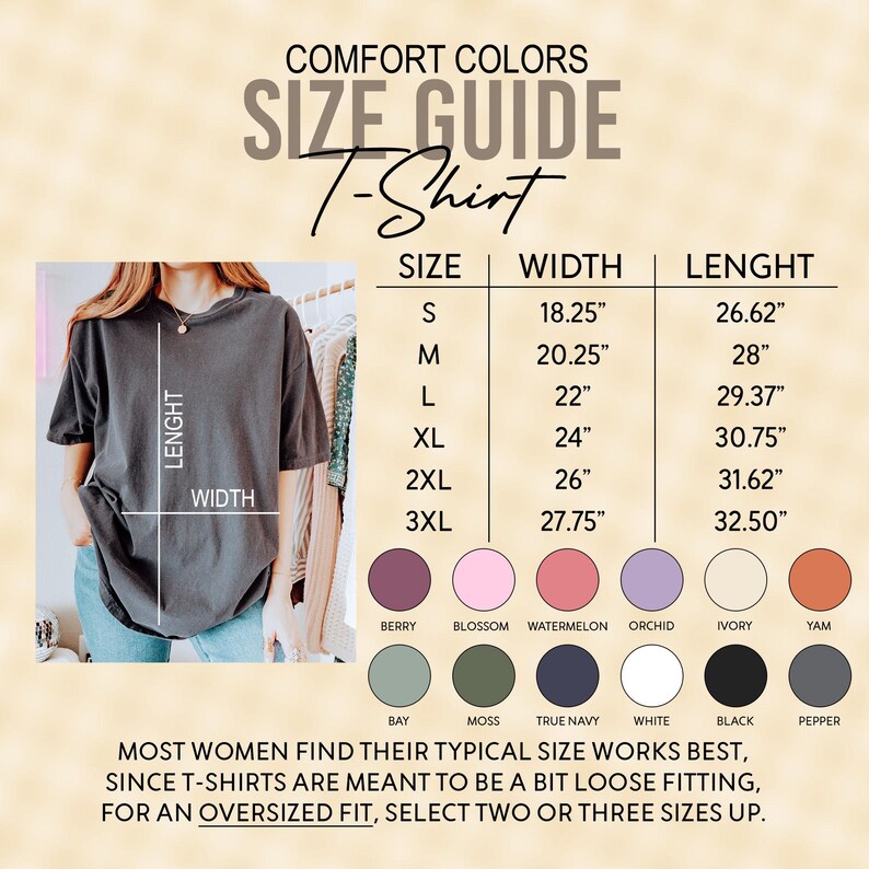 Peut inclure: Tableau des tailles pour un t-shirt avec des mesures en pouces. Le tableau indique la largeur et la longueur du t-shirt dans les tailles S, M, L, XL, 2XL et 3XL. Le tableau comprend &eacute;galement une palette de couleurs avec des noms comme Berry, Blossom, Watermelon, Orchid, Ivory, Yam, Bay, Moss, True Navy, White, Black et Pepper.