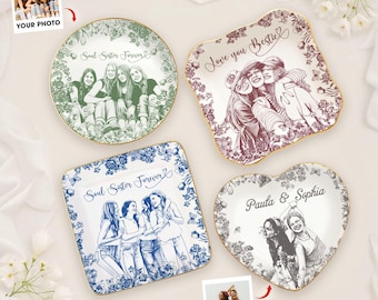 Portagioie personalizzato con foto della migliore amica, vassoio portaoggetti in toile de jouy, regalo per la migliore amica, regalo per la sorella dell'anima, portaanello di compleanno per le migliori amiche