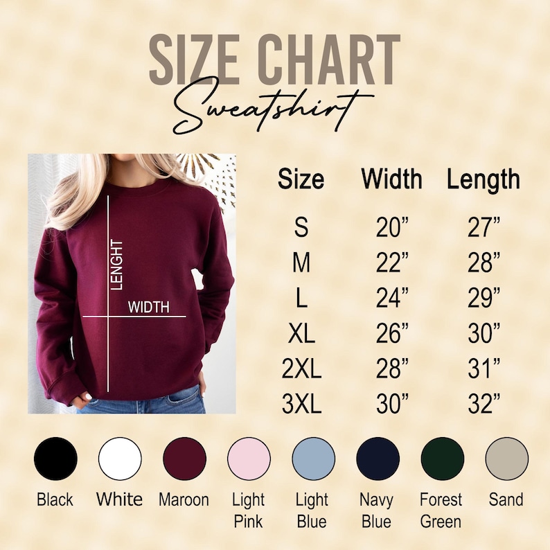 Peut inclure: Tableau des tailles pour un sweat-shirt avec des mesures en pouces. Le tableau indique la largeur et la longueur du sweat-shirt dans les tailles S, M, L, XL, 2XL et 3XL. Le tableau est affich&eacute; sur un fond beige avec un sweat-shirt marron dans le coin sup&eacute;rieur gauche.