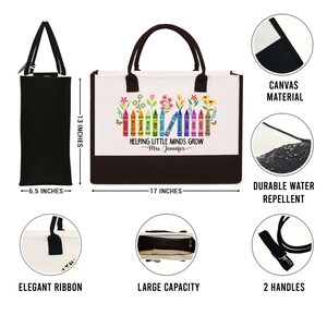Puede incluir: Una bolsa de lona blanca con asas negras y fondo marr&oacute;n. La bolsa presenta un dise&ntilde;o colorido de l&aacute;pices de colores con flores y el texto "Helping Little Minds Grow - Mrs. Jennifer". La bolsa mide 43 cm de ancho y 33 cm de alto.
