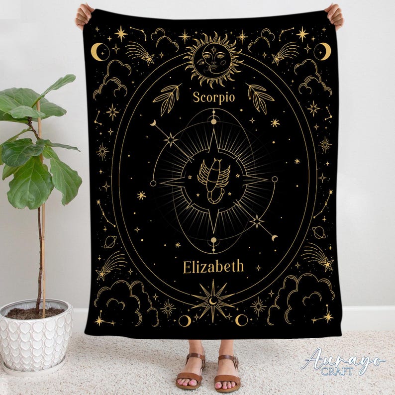 May include: Black tapestry with gold zodiac symbols and the name Elizabeth. The tapestry features a scorpion, stars, and a sun with a face.