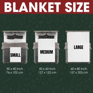 May include: Three white blankets on beds, labeled "Small", "Medium", and "Large". The blankets are shown in different sizes, with measurements in inches and centimeters.