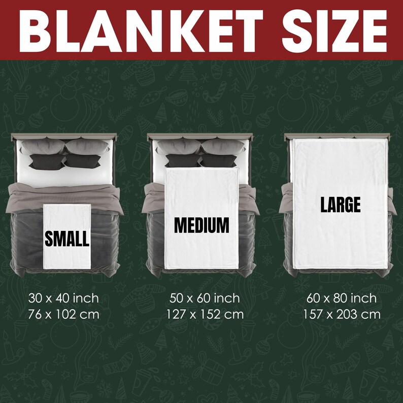 May include: Three white blankets on beds, labeled "Small", "Medium", and "Large". The blankets are shown in different sizes, with measurements in inches and centimeters.