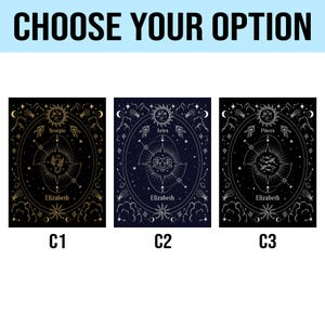 May include: Three black and white zodiac sign posters with gold, silver, and white accents. The posters feature the zodiac signs Scorpio, Aries, and Pisces. Each poster has the name "Elizabeth" and the zodiac sign name at the bottom. The posters are labeled C1, C2, and C3.