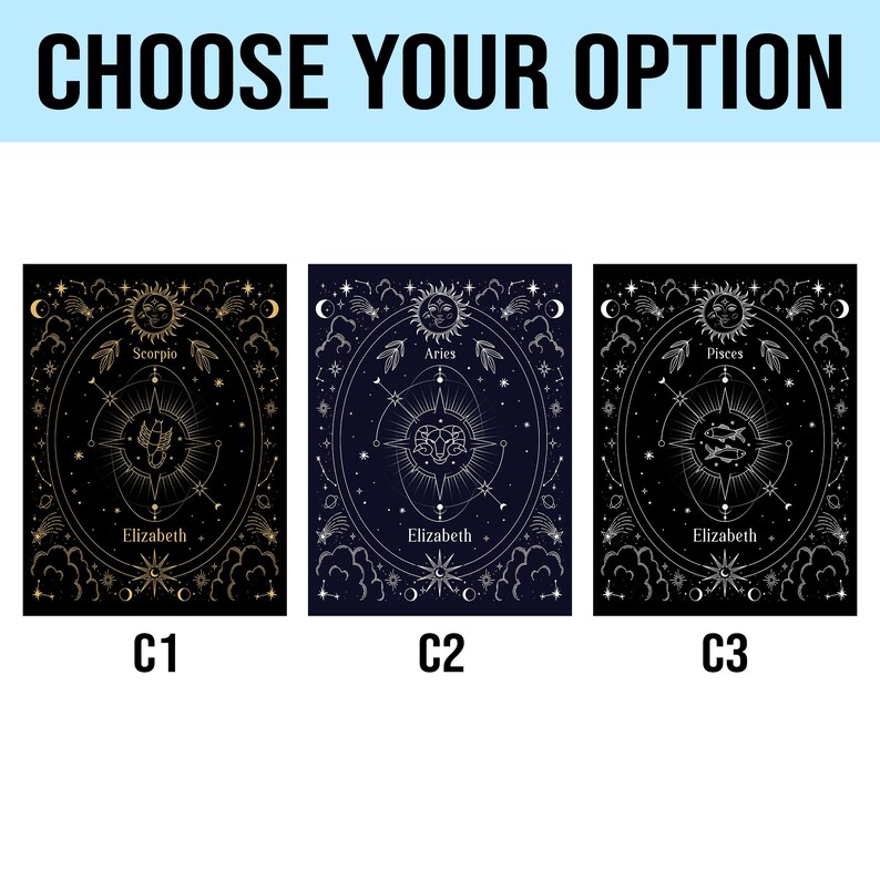 May include: Three black and white zodiac sign posters with gold, silver, and white accents. The posters feature the zodiac signs Scorpio, Aries, and Pisces. Each poster has the name "Elizabeth" and the zodiac sign name at the bottom. The posters are labeled C1, C2, and C3.