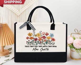 Personalized Teacher Tote Bag, Teacher Gifts, Teacher Appreciation Gift, Custom Teacher Bag, Thank You Teacher Present Gift, Floral Tote Bag