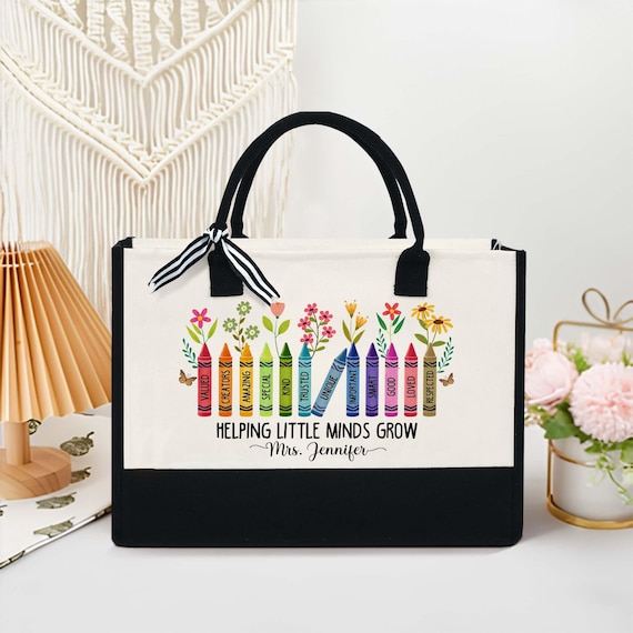 Personalized Teacher Tote Bag, Custom Teacher Bag, Teacher Gifts, Thank You Teacher Present, Floral Canvas Tote Helping Little Minds Grow