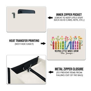 Puede incluir: Una bolsa de lona blanca con cierre de cremallera negro y asa negra. La bolsa presenta un dise&ntilde;o colorido de l&aacute;pices de colores con el texto "Helping Little Minds Grow - Mrs. Jennifer". La bolsa tiene un bolsillo interior con cremallera.