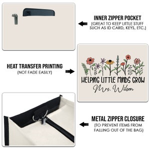 May include: A black tote bag with a zipper closure and an inner zipper pocket. The bag has a white canvas interior and features a heat transfer print with the text "Helping Little Minds Grow Mrs. Wilson" and a floral design.