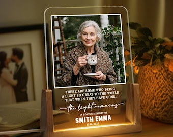 May include: A memorial photo frame with a wooden base and a clear acrylic front. The frame displays a photo of a woman holding a teacup, with text that reads "THERE ARE SOME WHO BRING A LIGHT SO GREAT TO THE WORLD THAT WHEN THEY HAVE GONE, the light remains".