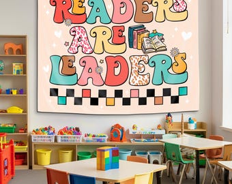 Readers Are Leaders Classroom Decor, Book Lover Gift, Classroom Tapestry, Groovy Classroom Banner, Reading Teacher Gift,Teacher Appreciation