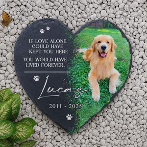 May include: Heart-shaped memorial stone with a photo of a golden retriever on green grass. The stone has the text "IF LOVE ALONE COULD HAVE KEPT YOU HERE YOU WOULD HAVE LIVED FOREVER." and the name "Lucas" with the years "2011-2025".