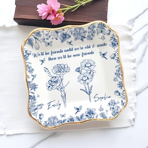 Friendship Ring Dish, Toile De Jouy Birth Flower Gift for,Custom Birth Flower Jewelry Dish, Best Friend Gift,Custom Jewelry Dish for Besties