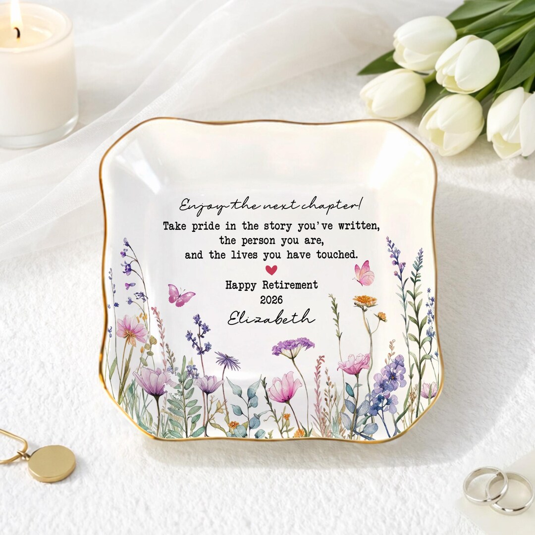 Retirement Counter Rings Custom Happy Retirement Ring Dish, Personalized Floral Retirement ...
