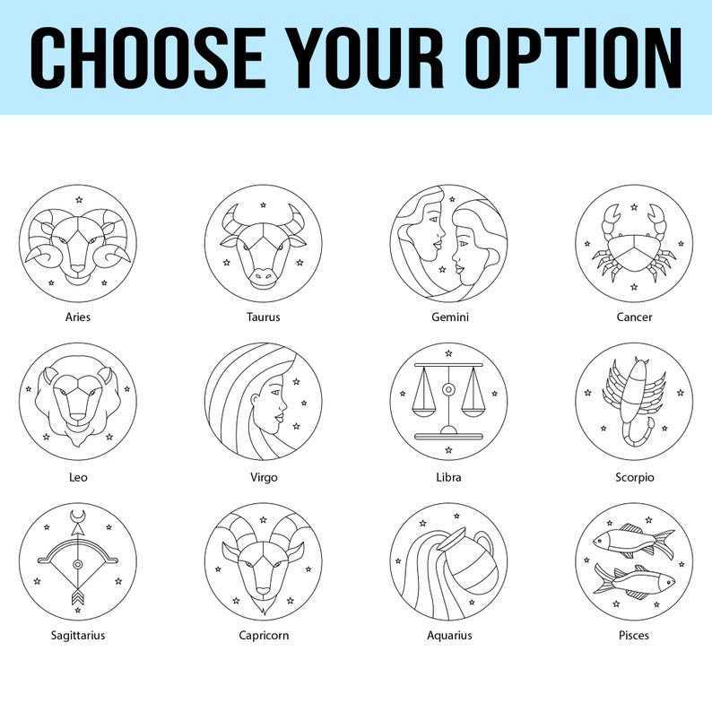 May include: A black and white illustration of the 12 zodiac signs in a grid format. Each sign is depicted within a circle with a star pattern. The signs are: Aries, Taurus, Gemini, Cancer, Leo, Virgo, Libra, Scorpio, Sagittarius, Capricorn, Aquarius, and Pisces.