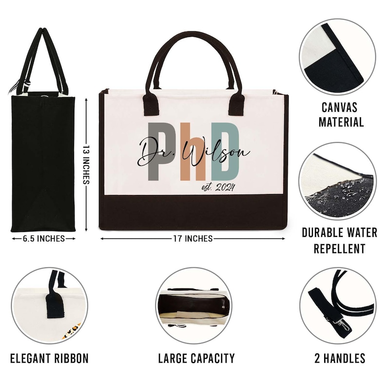 Pode incluir: Uma bolsa tote de lona branca com detalhes marrons e al&ccedil;as pretas. A bolsa tem uma grande impress&atilde;o de "Dr. Wilson est. 2024" em letras coloridas. A bolsa mede 43 cm de largura e 33 cm de altura. A bolsa &eacute; feita de material de lona resistente e imperme&aacute;vel.