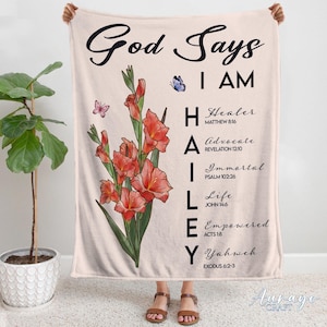 Personalized God Says I Am Name Letter In Bible Blanket, Christian Name With Bible Verses Blanket, Christian Gift for Her, Affirmations Gift