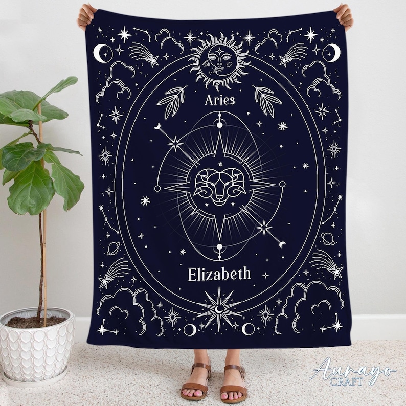 May include: A navy blue tapestry with a white design featuring the zodiac sign Aries, a compass, stars, and the name Elizabeth.