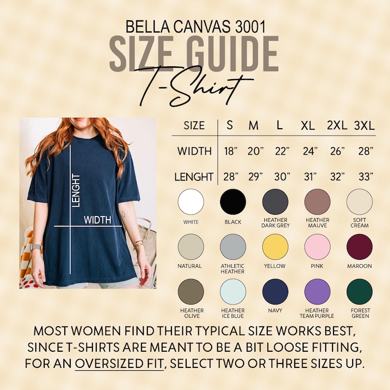 Peut inclure: Tableau des tailles pour les t-shirts Bella Canvas 3001, indiquant les mesures de largeur et de longueur en pouces pour les tailles S &agrave; 3XL. Le tableau comprend un code couleur pour 15 couleurs diff&eacute;rentes.