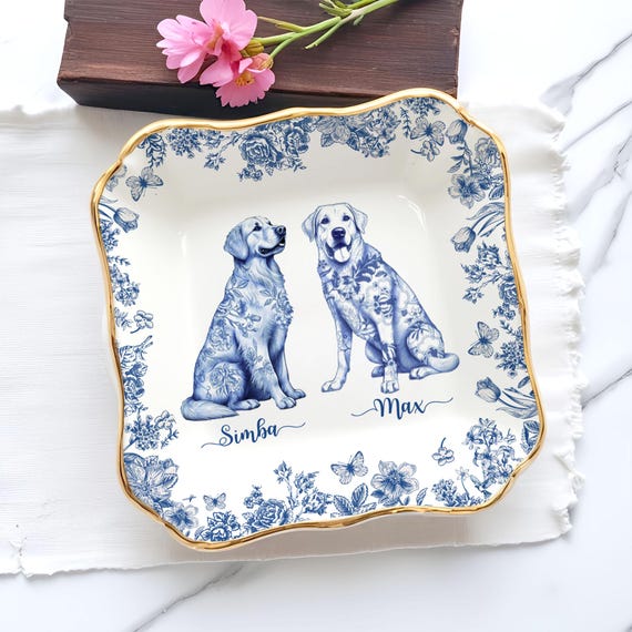 Custom Dog Breeds Chinoiserie Toile De Jouy Style, Personalized Jewelry Dish Gift for Pet Lover, Dog Mom Trinket Dish, Custom Dog Ring Dish