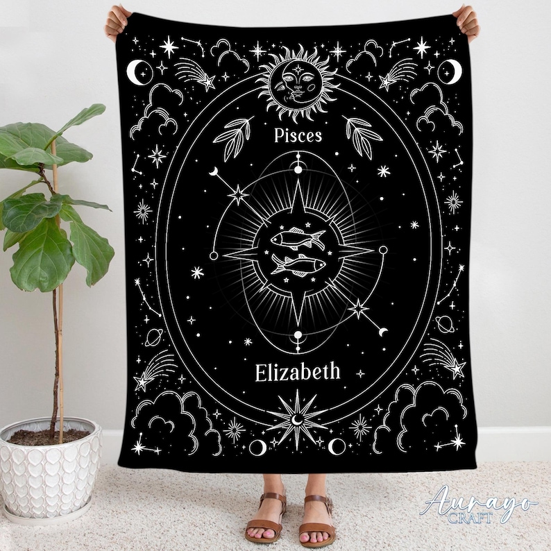 May include: Black tapestry with a white design featuring the Pisces zodiac sign, a compass, stars, and the name Elizabeth.