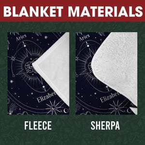 May include: Two images showing the different materials for a fleece and sherpa blanket. The blanket features a black background with a white design of a celestial compass with stars and the text "Elizabeth".