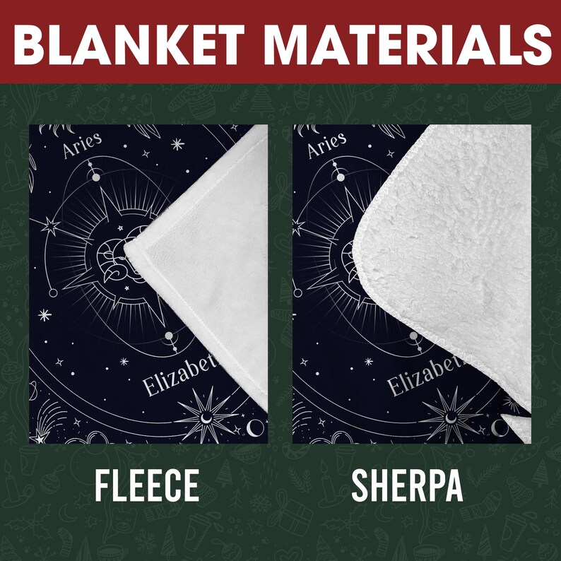 May include: Two images showing the different materials for a fleece and sherpa blanket. The blanket features a black background with a white design of a celestial compass with stars and the text "Elizabeth".