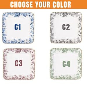 May include: Four square plates with floral border designs in blue, gray, burgundy, and green. Each plate has a gold rim and a large letter in the center: C1, C2, C3, and C4. The text "CHOOSE YOUR COLOR" is at the top.