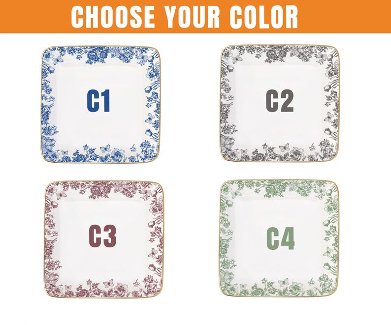 May include: Four square plates with floral border designs in blue, gray, burgundy, and green. Each plate has a gold rim and a large letter in the center: C1, C2, C3, and C4. The text "CHOOSE YOUR COLOR" is at the top.
