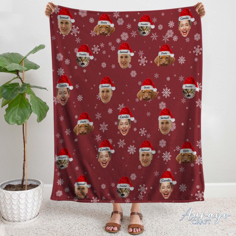 Custom Christmas Blanket With Face, Personalized Fleece Blanket for