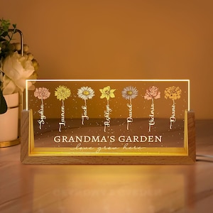 Grandma‘s Garden Birth Month Flowers Personalized Acrylic LED Night Light, Mothers Day Gift For Grandma, Mom, Auntie, Sister, Birthday Gift