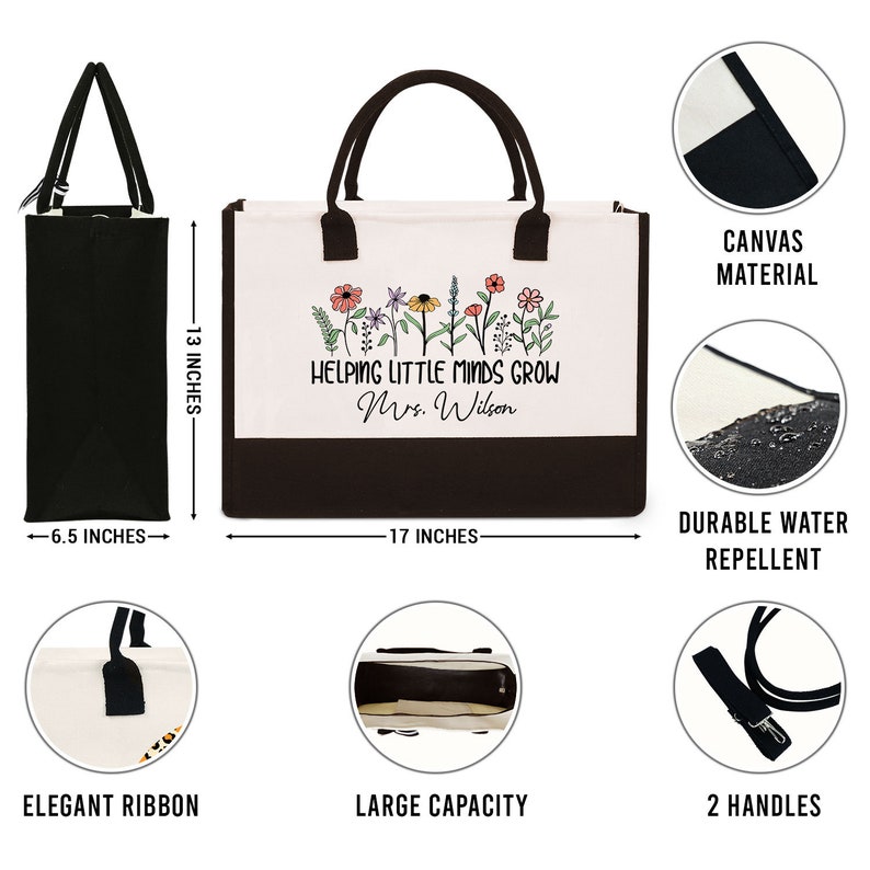 May include: A white canvas tote bag with brown trim and black handles. The bag has a floral design and the text "Helping Little Minds Grow Mrs. Wilson". The bag is 17 inches wide and 13 inches tall. The bag is made of durable water-repellent canvas material.