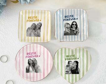 Personalized Bestie Photo Jewelry Dish,Ceramic Trinket Tray for Friend,Bestie Striped Ring Dish,Birthday Gifts For Bestie,Soul Sister Gift