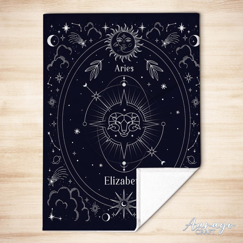 May include: A black fleece blanket with a white design of a zodiac constellation for Aries. The design includes a ram, stars, and the words "Aries" and "Elizabe".