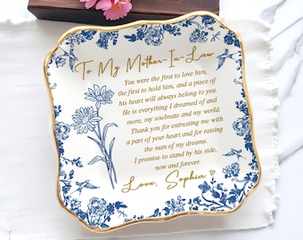 Piatto per fedi nuziali personalizzato per la suocera, regalo per la mamma della sposa in Toile De Jouy, regalo di nozze per la suocera