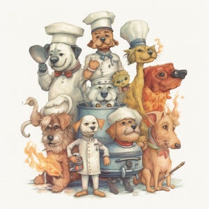 A whimsical illustration of a dog dressed as various professions, such as a chef, a fireman, and a doctor.