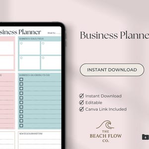 Puede incluir: Un planificador de negocios digital que se muestra en una tableta. El planificador presenta secciones para objetivos, tareas diarias y lluvia de ideas, con una combinación de colores rosa y azul. El texto "Business Planner" está en la parte superior. También incluye el texto "Instant Download".