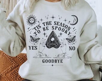 Sudadera de temporada espeluznante, sudadera retro de Halloween para mujer, ambiente místico de bruja, fiesta de truco o trato de moda, ouija gótica vintage para Halloween