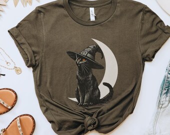 Schwarze Katze und Mond T-Shirt, Hexenkatze, Halloween Shirt, gruselige Saison T-Shirt, Witchy Vibe Geschenk, übergroßes Retro, trendige Herbstästhetik,