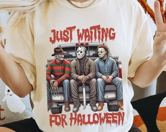Camiseta de Halloween con personajes de películas de terror, colores cómodos, esperando Halloween, regalo vintage para amantes del terror sangriento, camiseta retro de temporada espeluznante