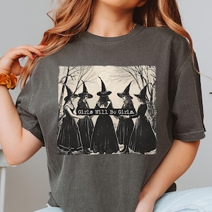 Vintage Girls Will Be Girls Witch Comfort Colors T-Shirt, Funny Feminist Witch Shirt, Retro Halloween, Coven Tee, Trendy Women&#39;s Spooky Tee